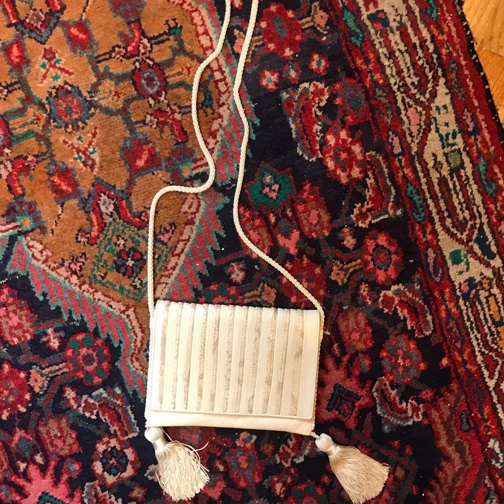 Small White Flat Bag by Sharif with Tassles